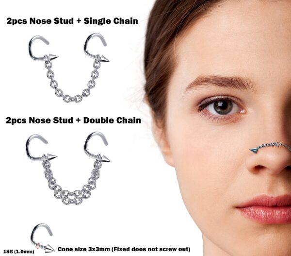 Spike Nasallang Nose Screw Piercing, 2pcs Nostril Studs with Chain Piercing - 18G Nose Piercing with Fixed Cone/Spike Black Nostril Jewelry