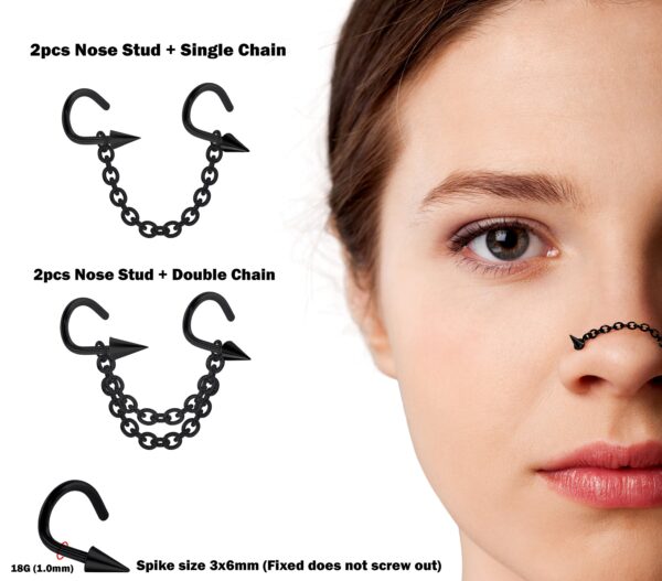 Spike Nasallang Nose Screw Piercing, 2pcs Nostril Studs with Chain Piercing - 18G Nose Piercing with Fixed Cone/Spike Black Nostril Jewelry