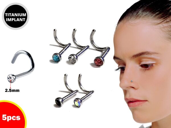 Nose Screw Studs Piercing - 5 pieces, 5 Color Titanium Nasallang Piercing 20G 18G with Gem size 2.5mm - Nostril Jewelry, Nose Piercing