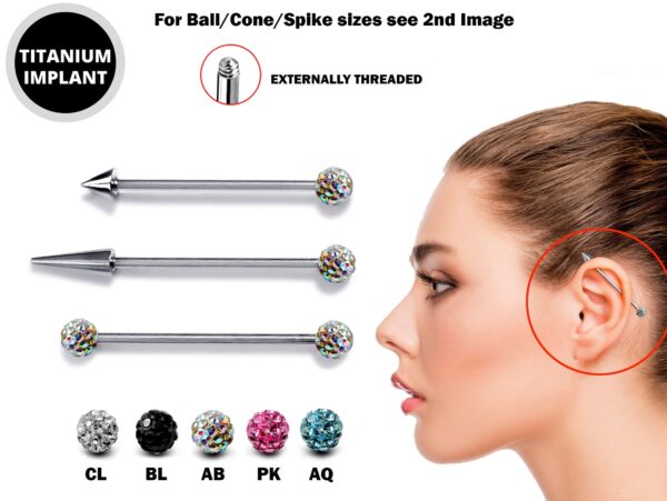 Ball/Cone/Spike Upper Ear Industrial Barbell with Disco Ball Crystals - Titanium Implant 16g 14g Ear Piercing Straight Barbell