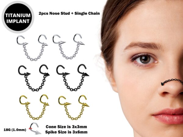 Spike Nasallang Nose Screw Piercing, 2pcs Nostril Studs with Chain Piercing - 18G Nose Piercing with Fixed Cone/Spike Black Nostril Jewelry