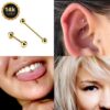 14K Solid Gold Internal Threaded Barbell Piercing - 14K Gold Body Piercing for Ears, Tongue, Nipples Jewelry, Cartilage Bar - 14G 16G