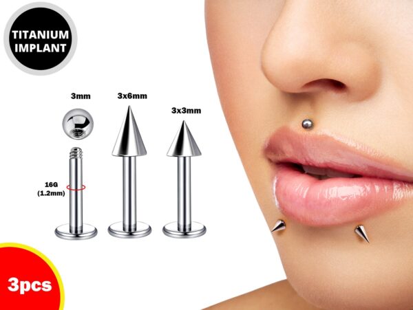 Labret Stud Piercing Ball, Cone, Spike - 3pcs - Titanium 16g Lip Piercing Also for Tragus Helix Cartilage Madonna Medusa Side Labret