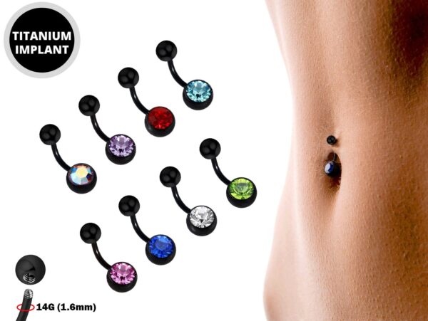 Titanium Black Belly Ring, Navel Ring - 14g 16G Single Jeweled Belly Crystal Belly Button Ring Body Jewelery - Short and Long Belly Bars