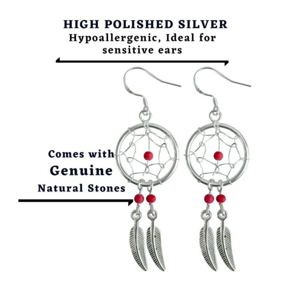 Silver Dreamcatcher Feather Dangle Drop Earrings - Native American Amulet Protection with Genuine Stone Beads