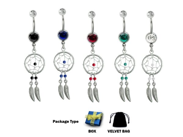 Dreamcatcher Belly Button Ring 14G Belly Rings, Belly Bar with Crystal - Native American Amulet Protection with Genuine Stone Beads