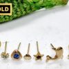 18K Gold Nostril Piercing, Spiral Straight Nose Pin with Highest Quality Round Crystal - Nose Stud made of Finest Gold Nose Jewelry