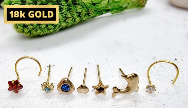 18K Gold Nostril Piercing, Nose Screw with Star Prong Set Crystal - Nose Stud, Nose Jewelry made of Gold