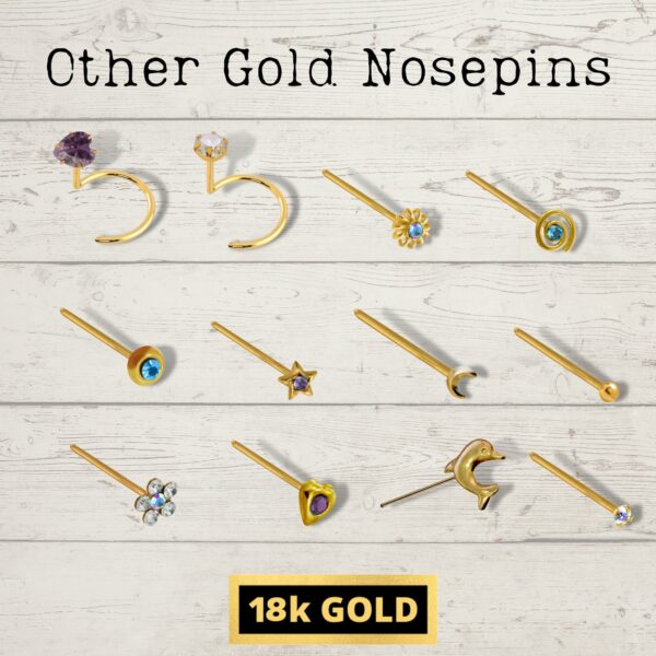 18K Gold Nostril Piercing Nose Screw with Heart Prong Set Crystal Hand Set & Hand Polished Nose Stud - Finest Quality Gold Nose Jewelry