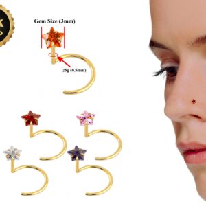 18K Gold Nostril Piercing, Nose Screw with Star Prong Set Crystal - Nose Stud, Nose Jewelry made of Gold