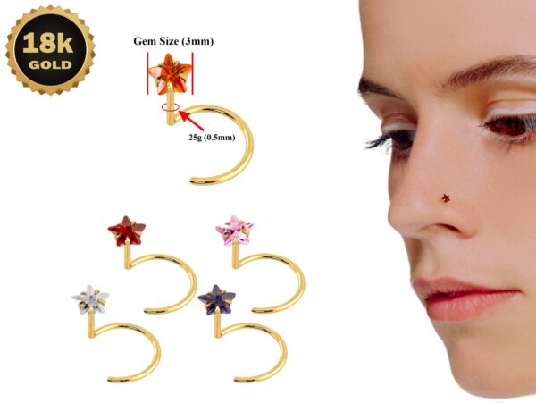 18K Gold Nostril Piercing, Nose Screw with Star Prong Set Crystal - Nose Stud, Nose Jewelry made of Gold