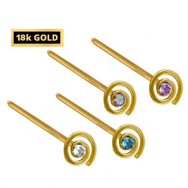 18K Gold Nostril Piercing, Spiral Straight Nose Pin with Highest Quality Round Crystal - Nose Stud made of Finest Gold Nose Jewelry