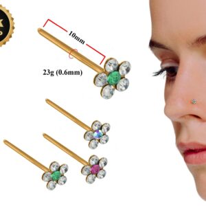 18K Gold Nostril Piercing, Flower Shape Straight Nose Pin with Highest Quality Round Crystal - Nose Stud made of Finest Gold Nose Jewelry