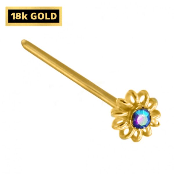 18K Gold Nostril Piercing, Unique Style Straight Nose Pin with Highest Quality Round Crystal - Nose Stud made of Finest Gold Nose Jewelry