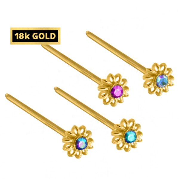 18K Gold Nostril Piercing, Unique Style Straight Nose Pin with Highest Quality Round Crystal - Nose Stud made of Finest Gold Nose Jewelry