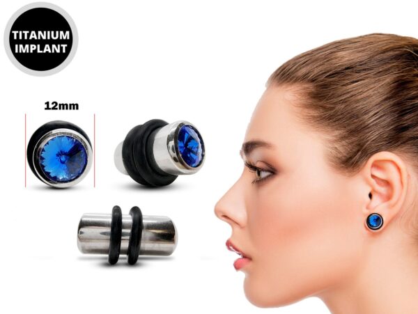 Ear Stone Plugs Earring with Crystal and Rubber O-ring - No Flare Size 12mm (1/2") - Ear Tunnel, Stretching Gauges, Expander, Big Gauges