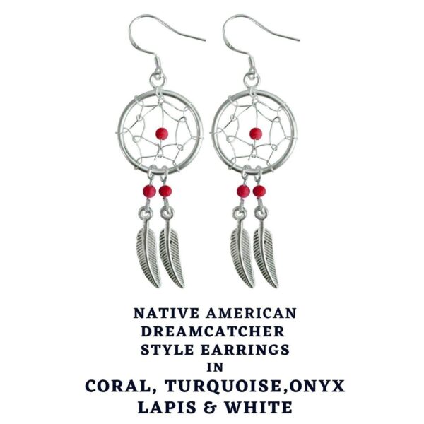 Silver Dreamcatcher Feather Dangle Drop Earrings - Native American Amulet Protection with Genuine Stone Beads