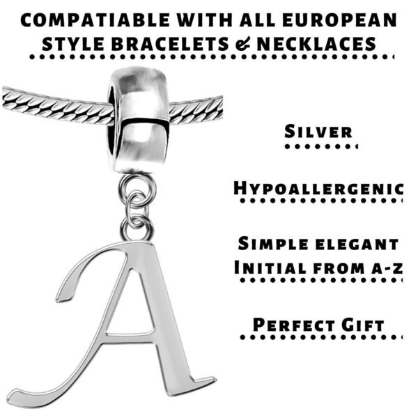 Silver Plain Initial Alphabet Charms Letter A-Z - Charm for European Bracelet - Available in Charm type and Lobster Clasp