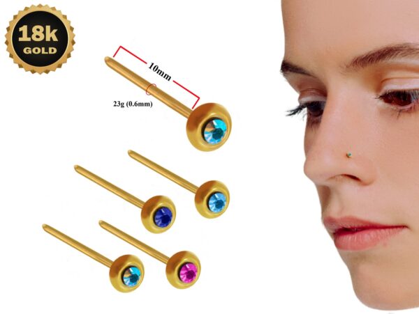 18K Gold Nostril Piercing, Round Shape Nose Pin with Highest Quality Round Crystal - Nose Stud made of Finest in Gold Nose Jewelry