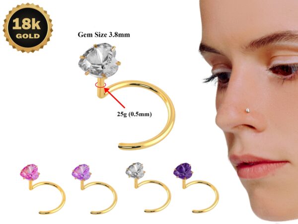 18K Gold Nostril Piercing Nose Screw with Heart Prong Set Crystal Hand Set & Hand Polished Nose Stud - Finest Quality Gold Nose Jewelry