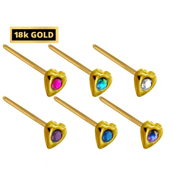 18K Gold Nostril Piercing, Heart Shape Nose Pin with Highest Quality Round Crystal - Nose Stud made of Finest in Gold Nose Jewelry