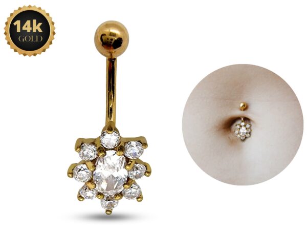 14K Gold Flower Belly Button Ring with Precious Stone Crystal Belly Ring - Belly Bar made of Fine Jewelry Hand Set and Hand Polished