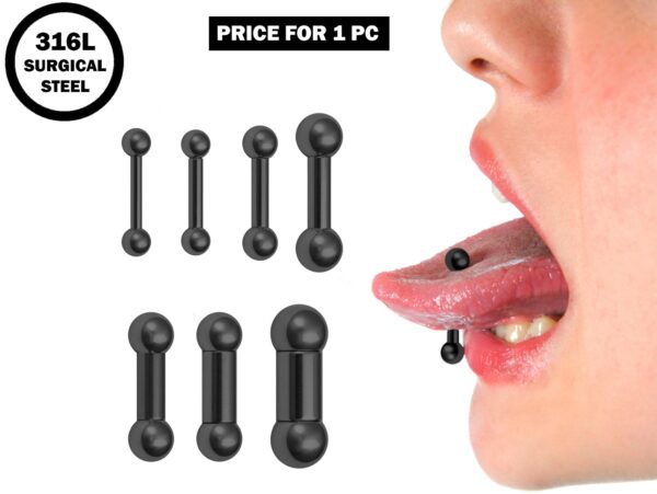 Big Gauge Black Barbell, Tongue Piercing Ring - 18 to 00G Surgical Steel 316L Barbell Piercing- Body Piercing Also for Ears and Nose