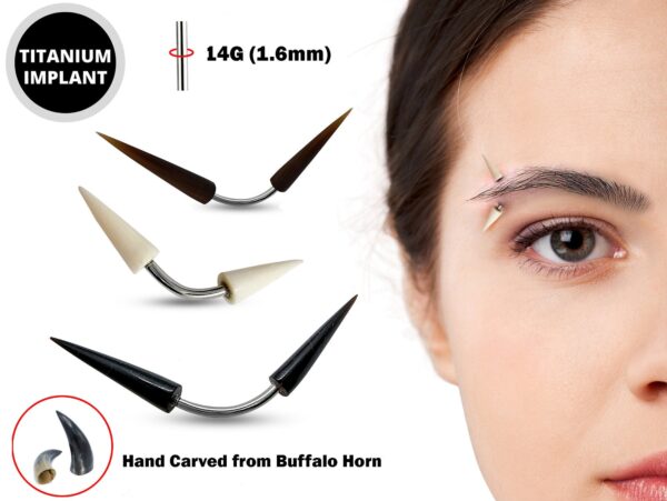 Spike Eyebrow Jewelry Piercing Barbell 14G Titanium Curved Bar Hand carved from Buffalo Horn and very light weight - Piercing also for Rook