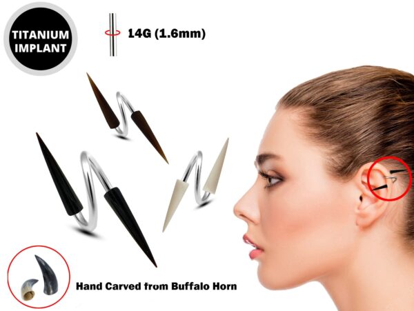 Spike Spiral Ear Piercing Stud Made with Buffalo Horn - Hand Carved - 14G Titanium and very Light Weight - Long Spike Piercing