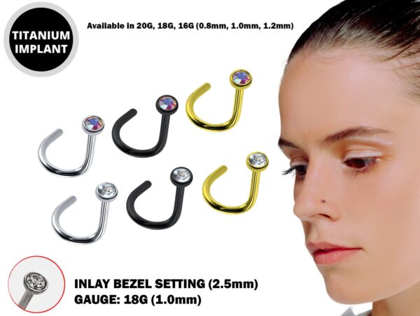 Titanium Nose Studs 18G Nostril Screw in Black/Gold/Silver with Bezel Set Crystal size 2.5mm - Nose Piercing, Nasallang Studs Length 8mm