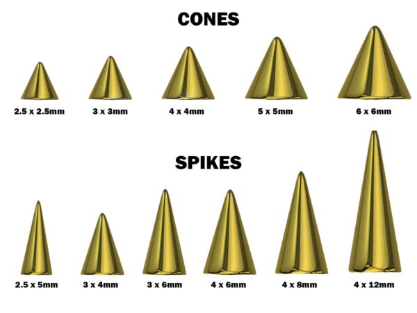 Gold Eyebrow Piercing Jewelry Titanium Cone/Spike Curved Bar 18g 16g 14g Top part with Different sizes - Body Piercing Rook, Anti-Eyebrow