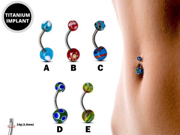 Titanium Glass Pattern Belly Ring, Navel Ring - 14g Double Fancy Belly Button Ring Body Jewellery - Short and Long Belly Bars