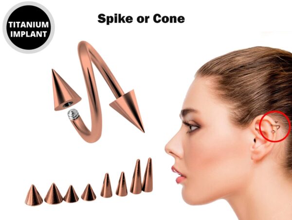 Rose Gold Spike Spiral Helix Piercing - 18g 16g 14g Titanium Twisted Barbell Ear Piercing, Cartilage Ring, Lip Ring, Belly Ring