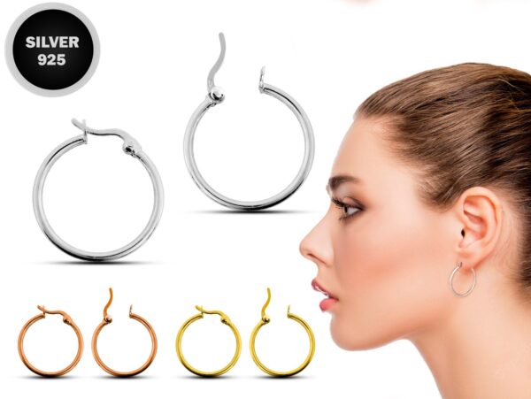 Latch Back Hoop Earrings - Large Sterling Silver Hoop in Silver, Gold and Rosegold Plating