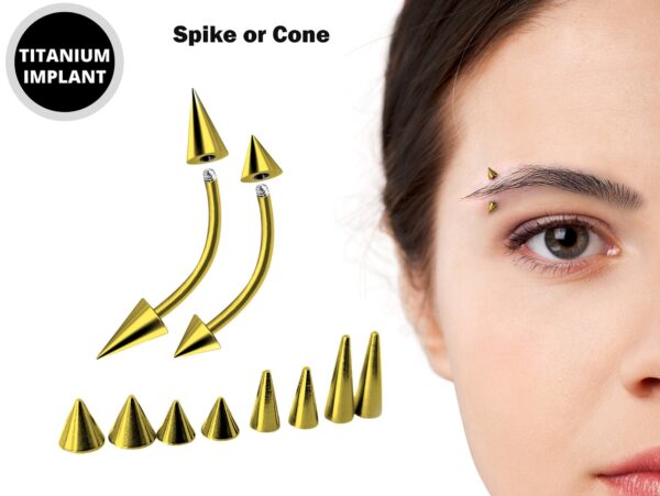 Gold Eyebrow Piercing Jewelry Titanium Cone/Spike Curved Bar 18g 16g 14g Top part with Different sizes - Body Piercing Rook, Anti-Eyebrow