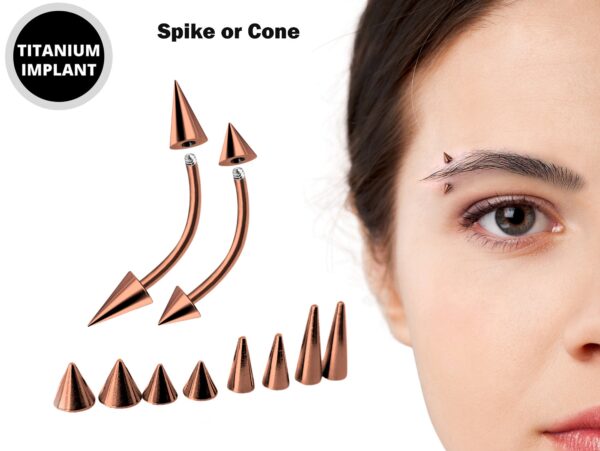 Rose Gold Eyebrow Piercing Jewelry Titanium Cone/Spike Curved Bar 18g 16g 14g Top part with Different sizes - Body Piercing, Anti-Eyebrow