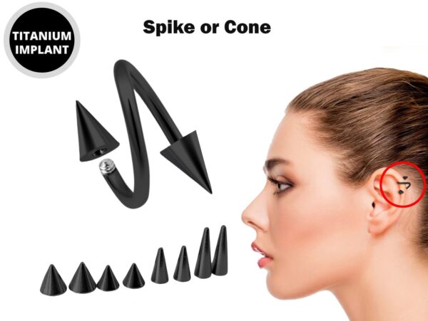 Black Spike Spiral Helix Piercing - 18g 16g 14g Titanium Twisted Barbell Ear Piercing, Cartilage Ring, Lip Ring, Belly Ring