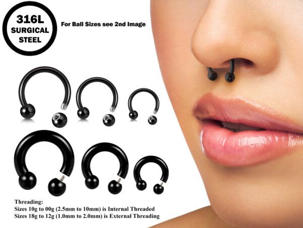 Horseshoe Ring Piercing 18g to 00g Black Septum Jewelry Bull Piercing Also for Nipple, PA Ring, Lips Internal / External Threaded