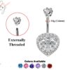 Designer Belly Button Rings- Silver - Heart Design Belly Bars with studded CZ Crystals - Navel Ring - 14g (1.6mm)