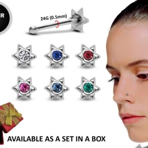 24G Silver Thin Nose Stud David Star Nose Ring Jewellery with CZ Crystals - Nose Piercing, Thin Nose stud, Nostril Jewelry