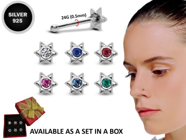 24G Silver Thin Nose Stud David Star Nose Ring Jewellery with CZ Crystals - Nose Piercing, Thin Nose stud, Nostril Jewelry