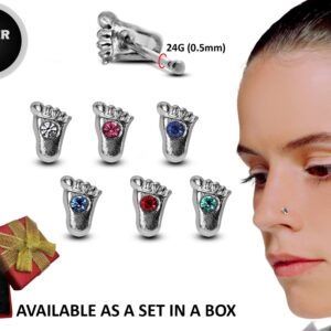 24G Silver Bone Nose Stud Foot Design Nose Ring Jewellery with CZ Crystals - Nose Piercing, Thin Nose stud, Nostril Jewelry