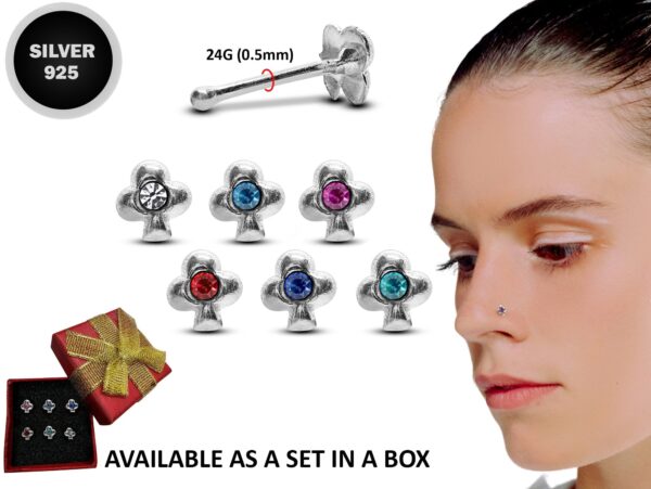 24G Nose stud Silver Clubs Nose Ring Jewellery, Bone End Nose Pin with CZ Crystals - Nose Piercing, Thin Nose stud, Nostril Jewelry