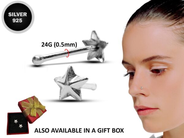 24G Star Nose Stud in Plain Silver - Thin nose ring, Nose Piercing, Bone End Nostril Studs