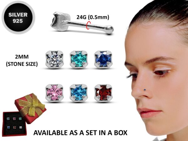 24G Prong Set Round Nose Stud ,Silver Nose Ring Jewellery with CZ Crystals - Nose Piercing, Thin Nose stud, Nostril Jewelry