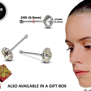 Nose Studs 24G Silver Nose Pin with Unique Prong Set Round CZ Crystals - Nose Piercing, Thin Nose stud, Nostril Jewelry