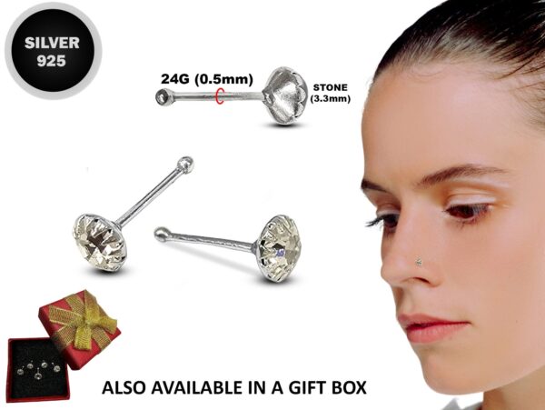 Nose Studs 24G Silver Nose Pin with Unique Prong Set Round CZ Crystals - Nose Piercing, Thin Nose stud, Nostril Jewelry