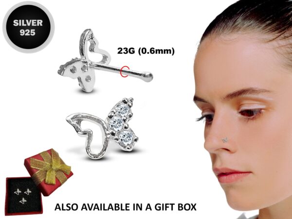 Butterfly Nose Studs 23G Silver Nose Pin with CZ Crystals - Nose Piercing, Thin Nose stud, Nostril Jewelry