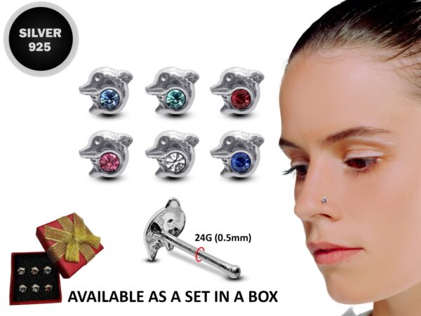 24G Nose stud Silver Dolphin Nose Ring Jewellery, Bone End Nose Pin with CZ Crystals - Nose Piercing, Thin Nose stud, Nostril Jewelry