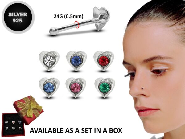 24G Heart Nose Stud ,Silver Nose Ring Jewellery with CZ Crystals - Nose Piercing, Thin Nose stud, Nostril Jewelry